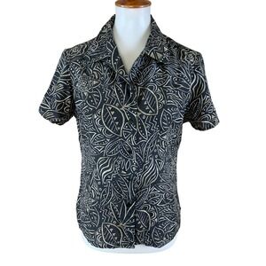 Anna And Frank 100% Silk Button Front Blouse Small Black Abstract Boho Top